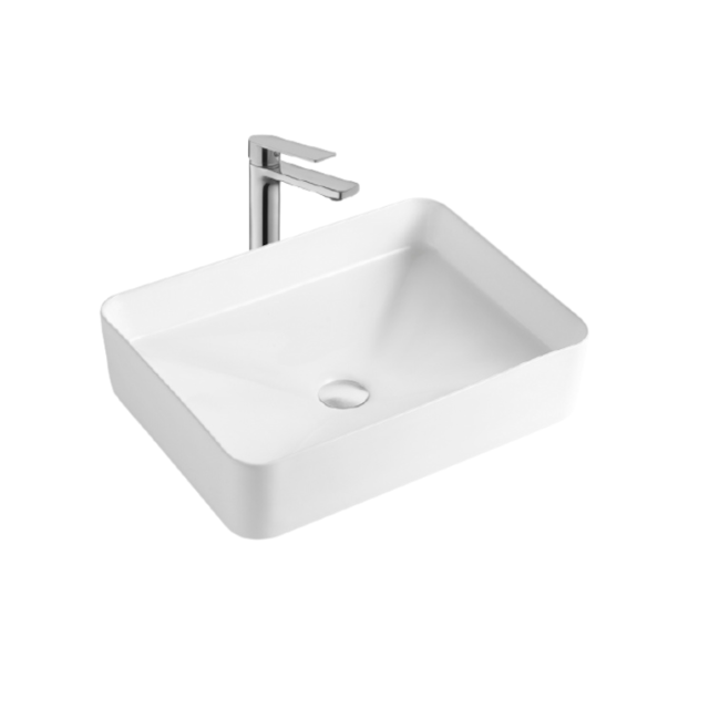 Lavabo para baño en forma rectangular. Ideal para grifería tipo vessel o de pared.